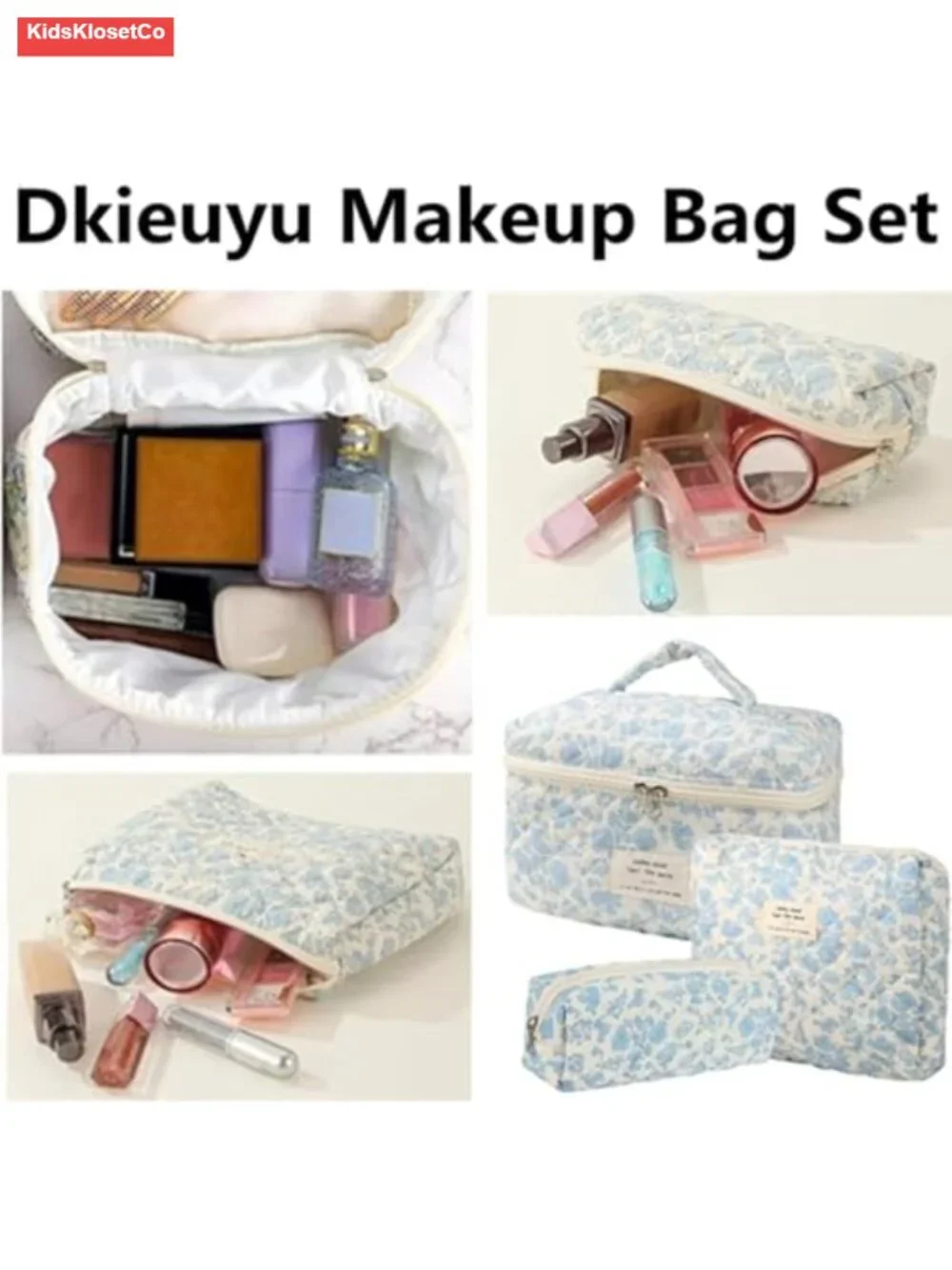 Cotton Quilted Makeup Bag Set Floral Cosmetic Toiletry Travel Organizer 3 Piece